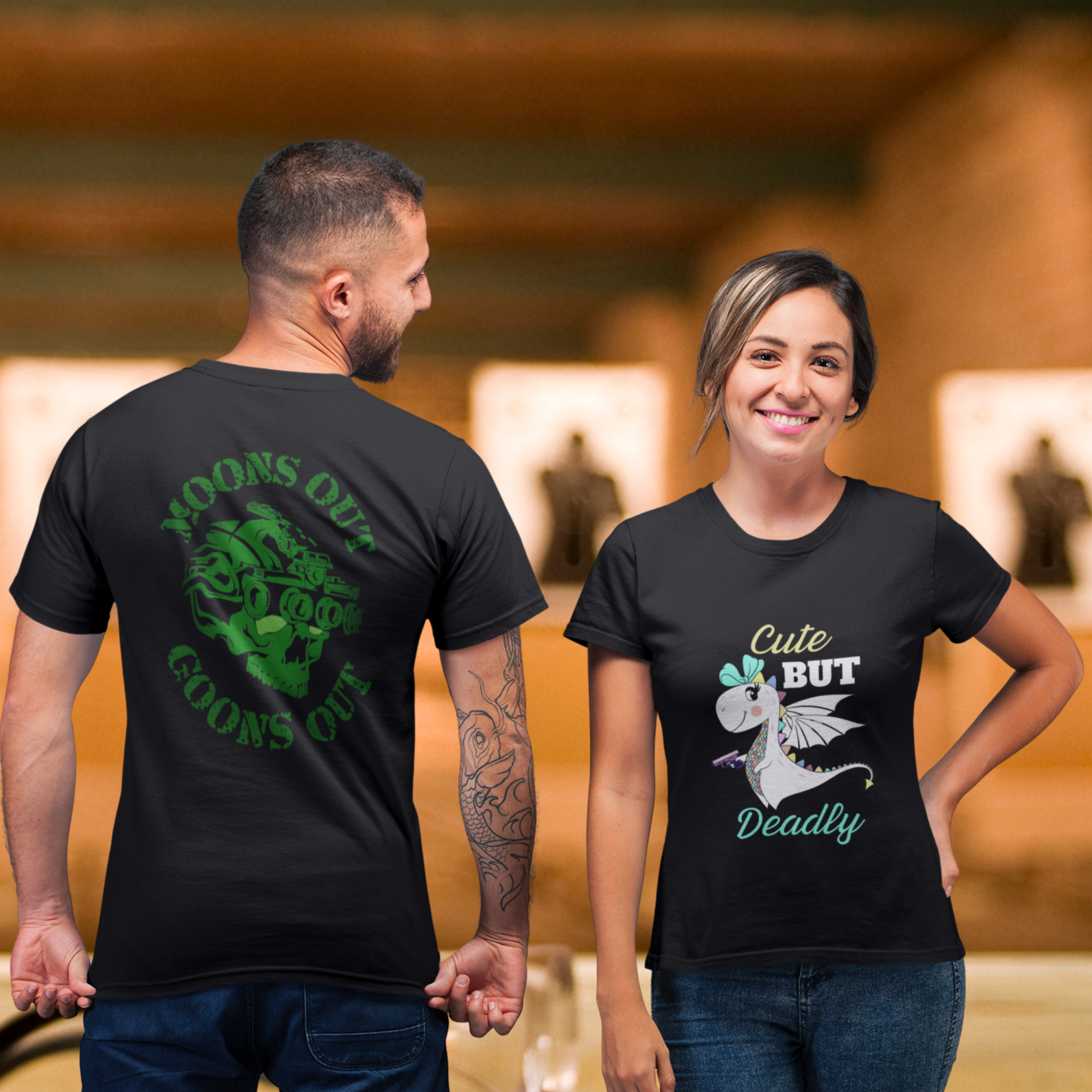 Man and woman wearing Moon Goon Syndicate T-Shirts